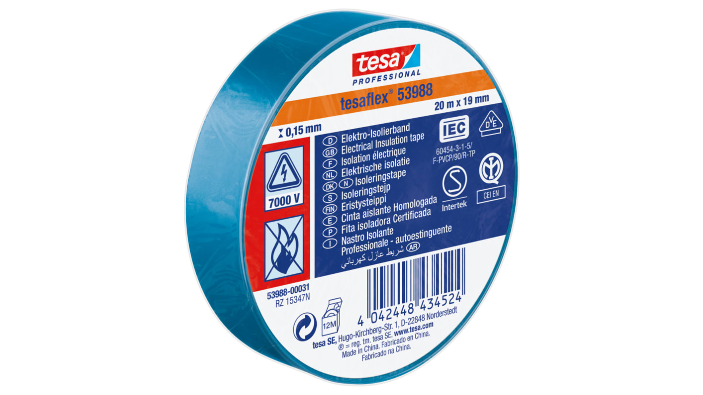 Cinta de aislamiento eléctrico de PVC de color Azul, 19mm x 20m, grosor 0.15mm