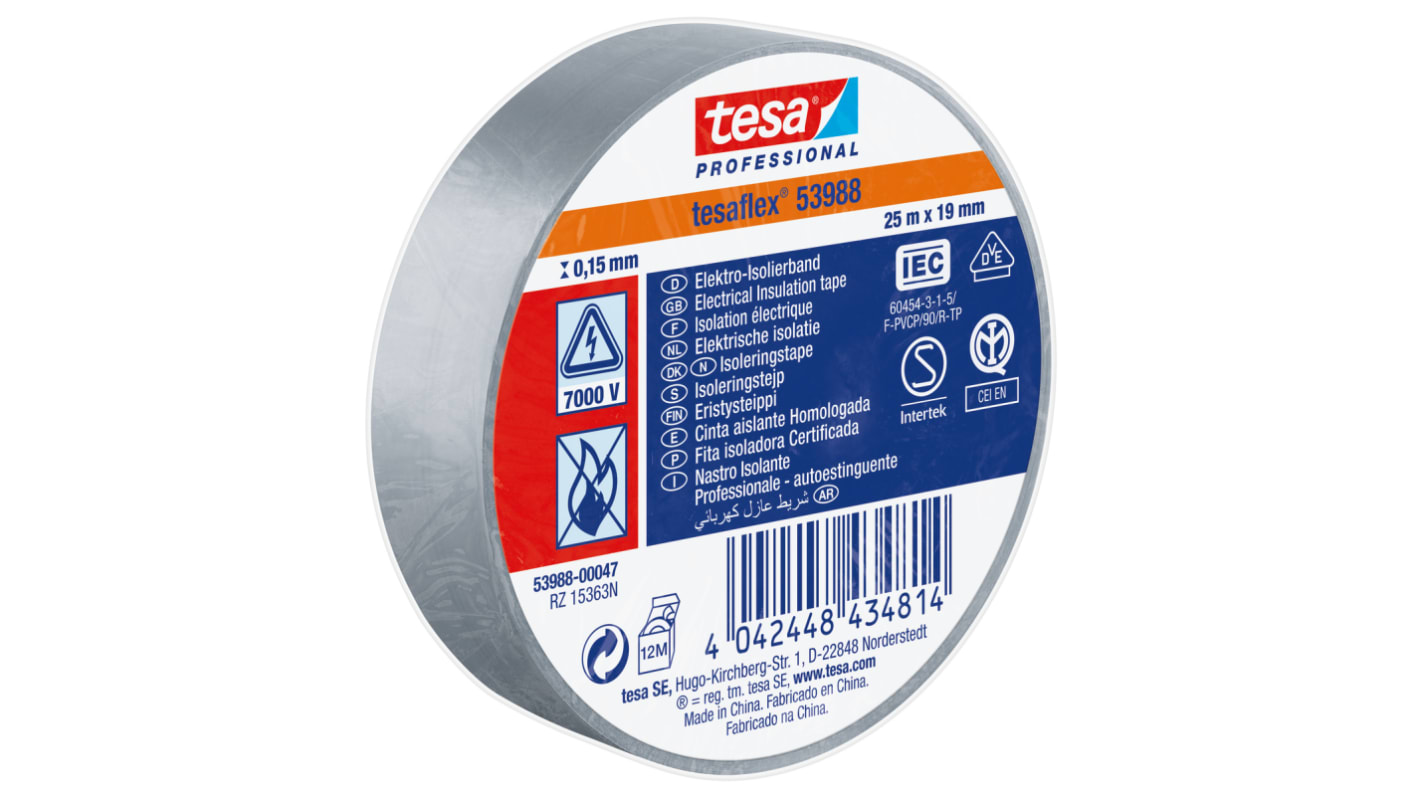 Tesa SPVC ELECTRICAL Isolierband, PVC Grau, 0.15mm x 19mm x 25m