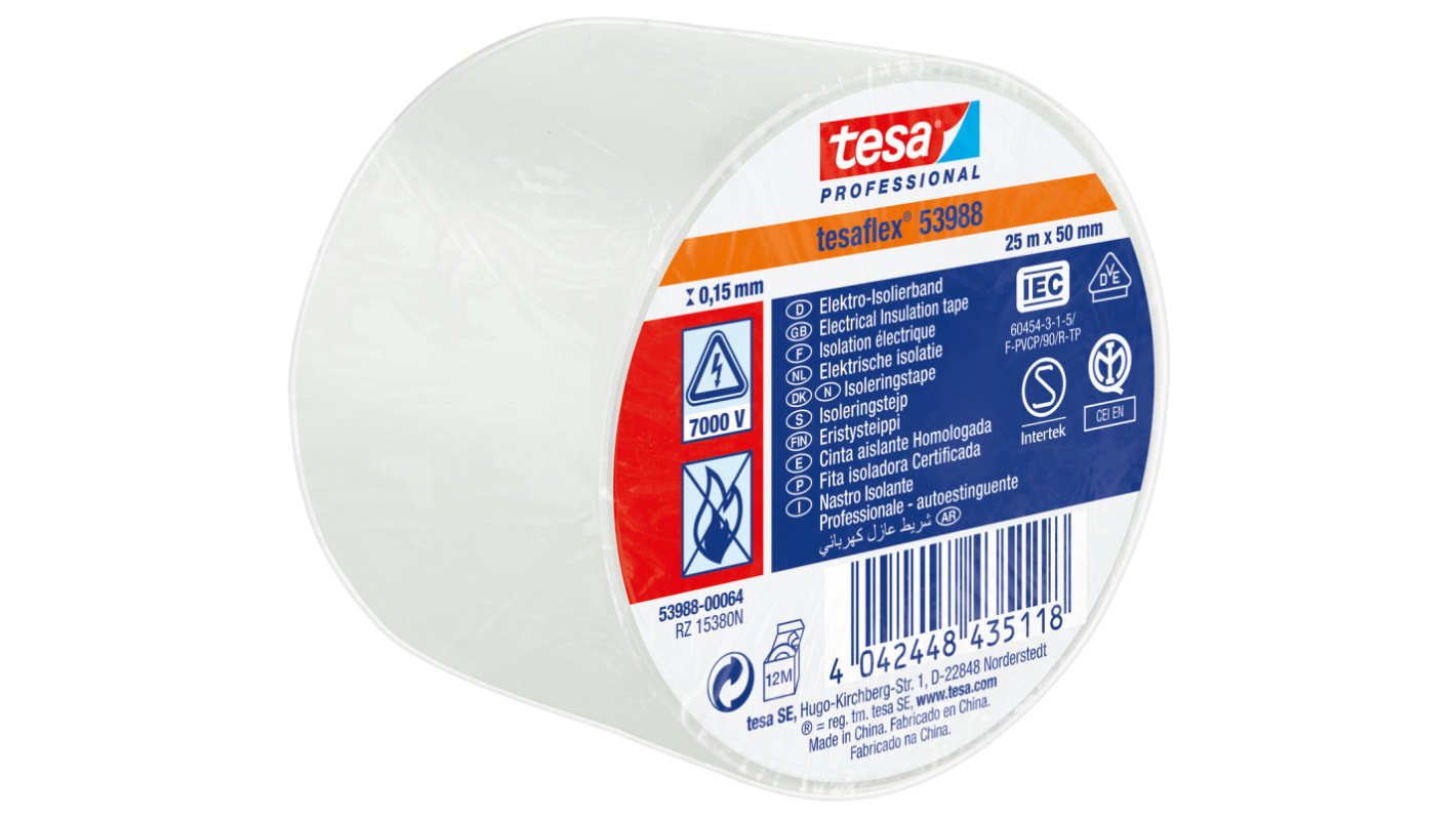 Tesa SPVC ELECTRICAL Isolierband, PVC Weiß, 0.15mm x 50mm x 25m