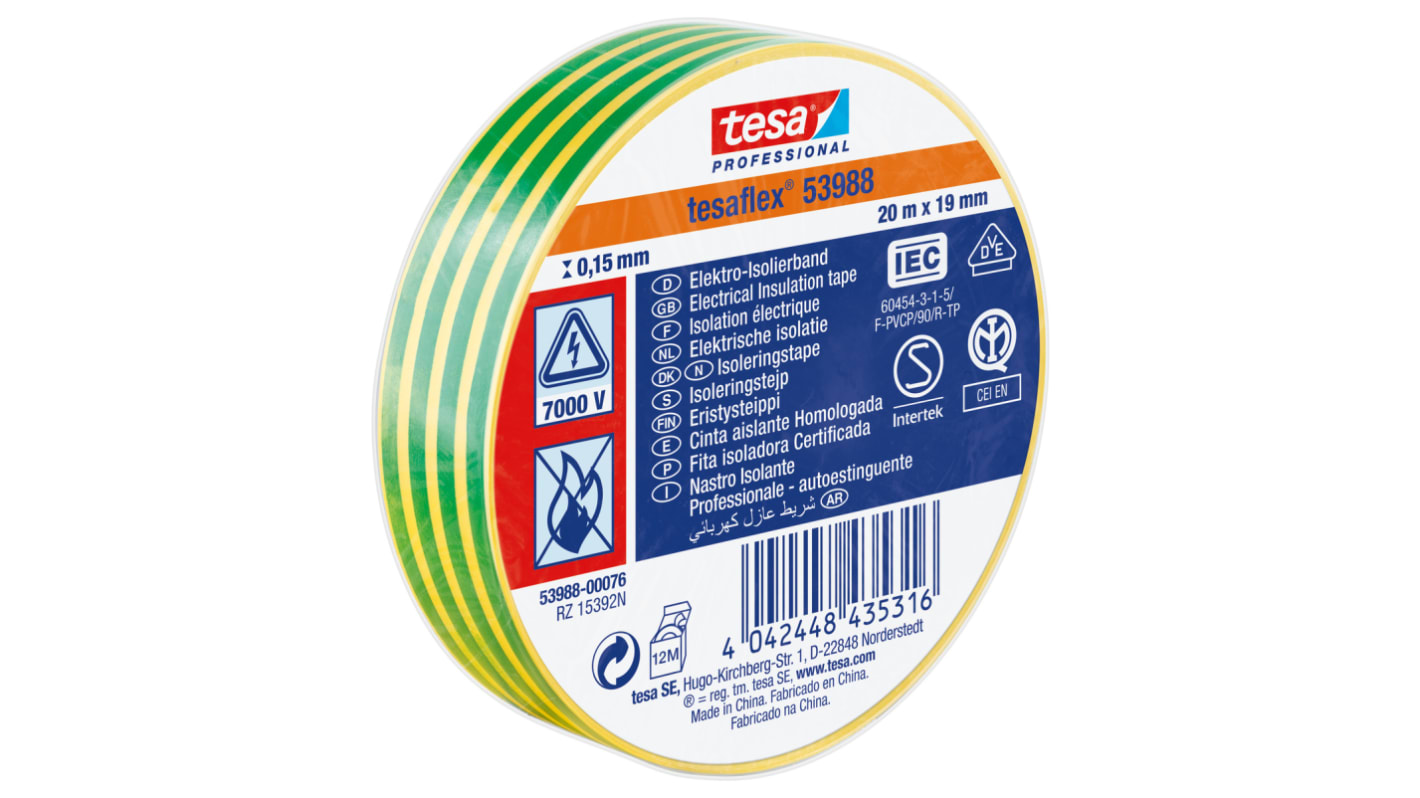 Tesa SPVC ELECTRICAL Green/Yellow PVC Electrical Insulation Tape, 19mm x 20m