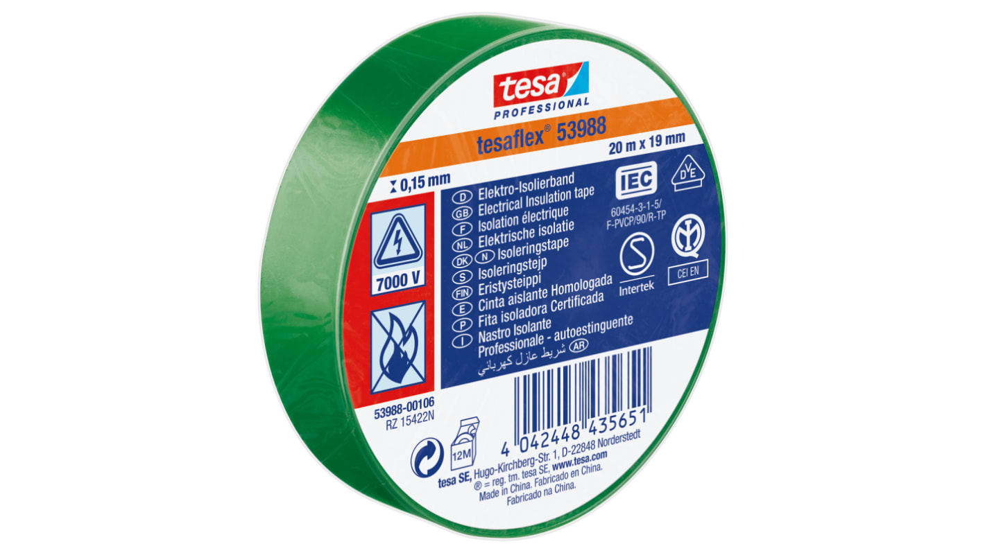 Tesa SPVC ELECTRICAL Green PVC Electrical Insulation Tape, 19mm x 20m