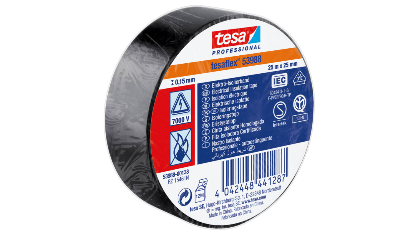 Tesa SPVC ELECTRICAL Black PVC Electrical Insulation Tape, 25mm x 25m