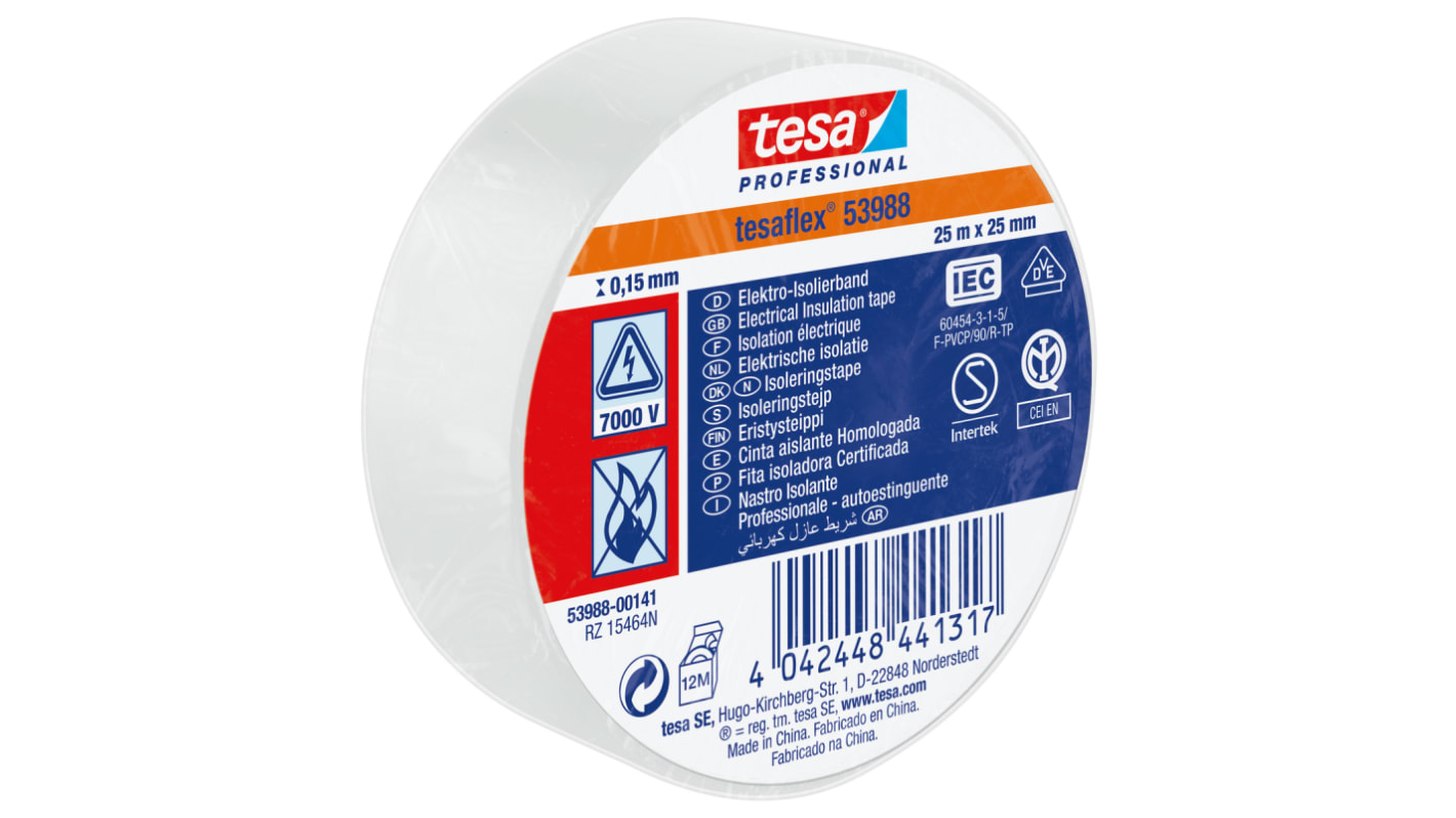 Tesa SPVC ELECTRICAL Isolierband, PVC Weiß, 0.15mm x 25mm x 25m