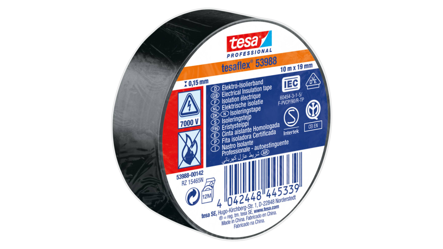 Tesa SPVC ELECTRICAL Isolierband, PVC Schwarz, 0.15mm x 19mm x 10m