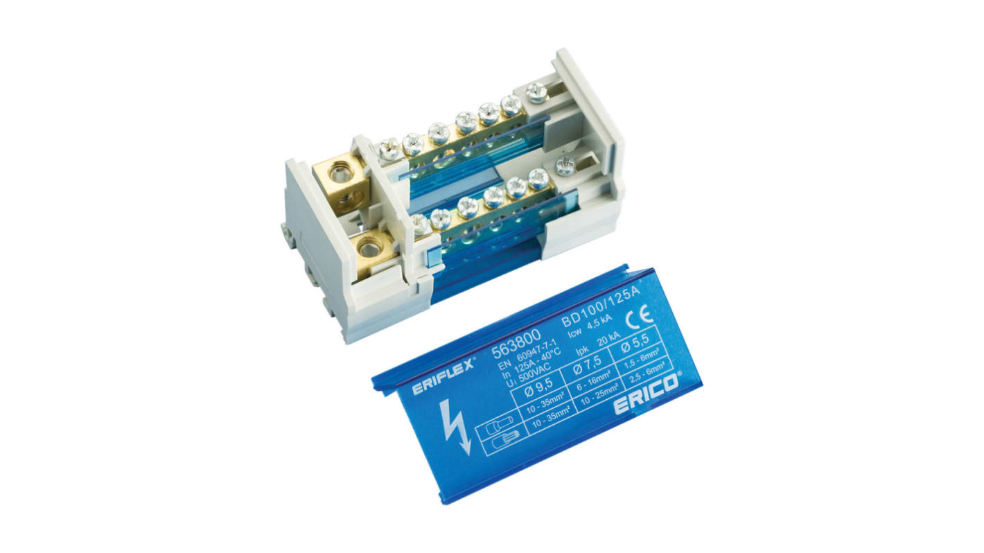 nVent ERIFLEX Schraub Verteilerblock 2-polig , 8 → 2 AWG, 125A / 690 V, 10 → 35mm², Polyamid