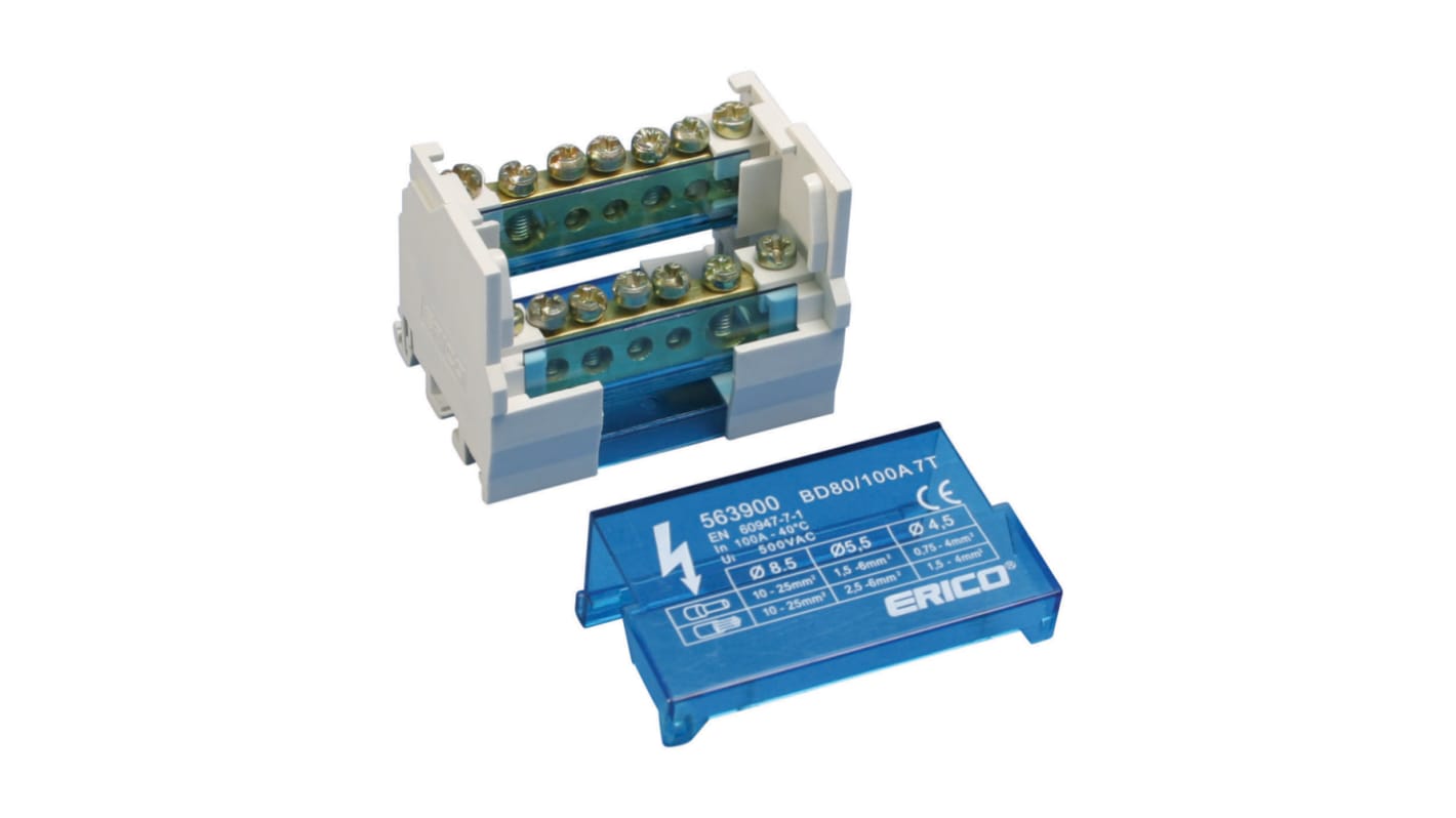 nVent ERIFLEX Schraub Verteilerblock 2-polig , 8 → 4 AWG, 100A / 500 V, 10 → 25mm², Polyamid