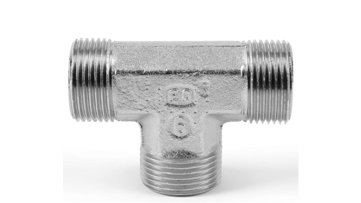 Adattatore filettato a T idraulico Parker, connettore A: Maschio metrico svasato 24°, B: Maschio metrico svasato 24°