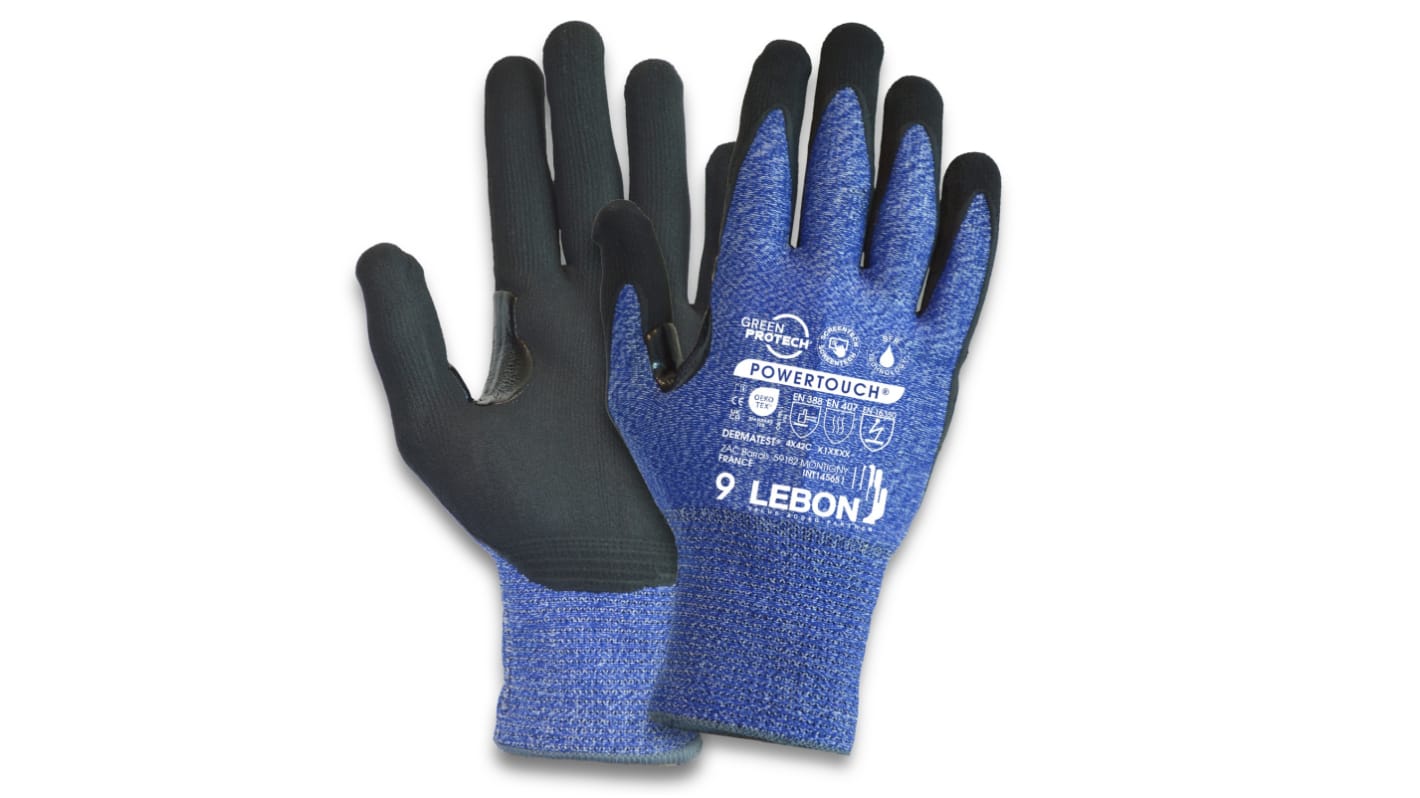 Lebon Protection POWERTOUCH Blue Elastane, HPPE, Polyamide Cut Resistant Cut Resistant Gloves, Size 7, Aqua Polymer
