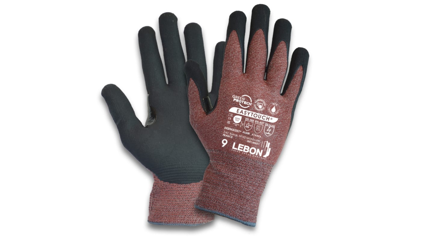 Lebon Protection EASYTOUCH Black Elastane, Polyamide Cut Resistant Work Gloves, Size 9, Large, Aqua Polymer Coating