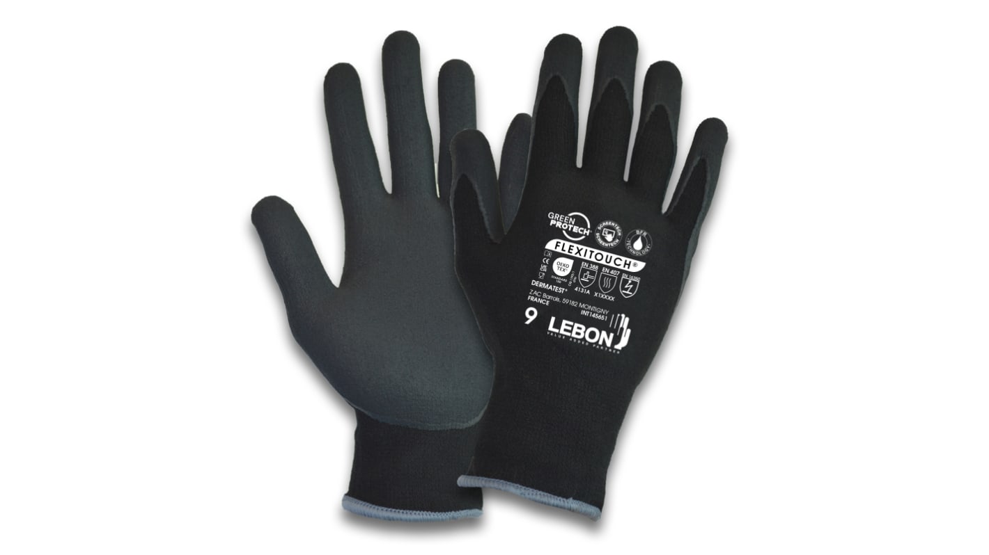 Lebon Protection FLEXITOUCH Black Elastane, Polyamide Abrasion Resistant Work Gloves, Size 8, Medium, Bi-Polymer Coating