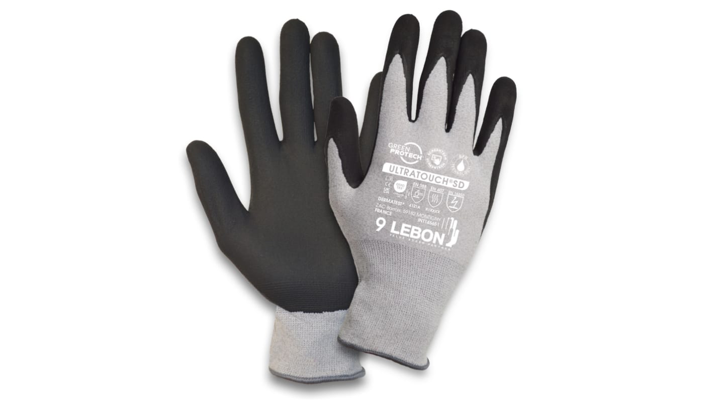 Lebon Protection ULTRATOUCH Grey Elastane, Polyamide Abrasion Resistant Work Gloves, Size 9, Aqua Polymer Coating