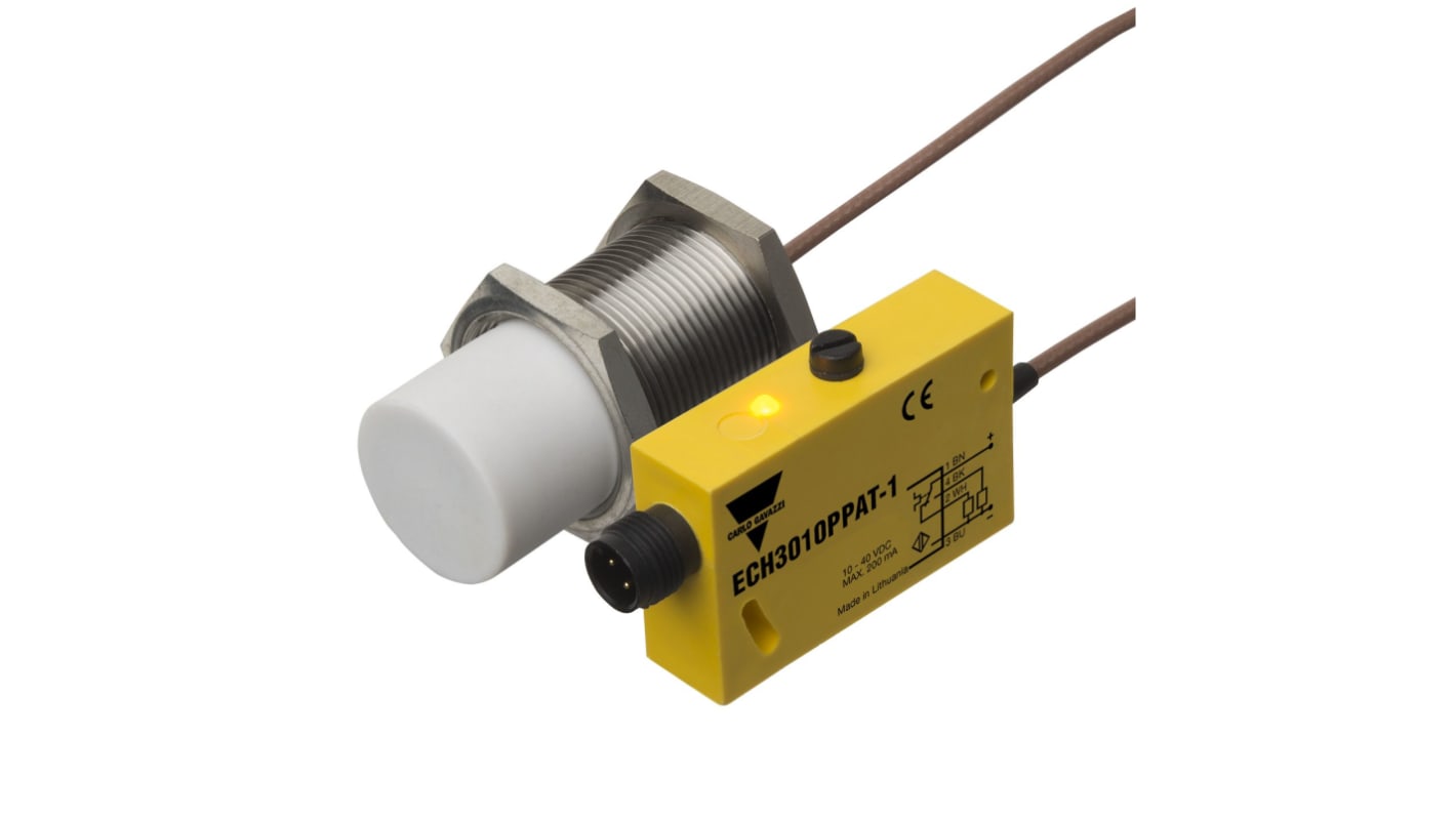 Carlo Gavazzi ECH3010 Series Capacitive Barrel-Style Proximity Sensor, M30 x 1.5, 15 mm Detection, NPN Output, 10