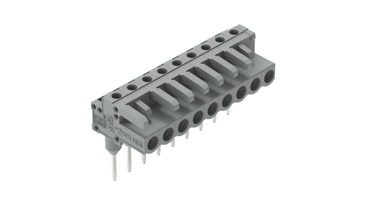 Wago 232 Series Angled Rail Mount PCB Connector, 9-Contact, 1-Row, 5mm Pitch, Solder Pin Termination