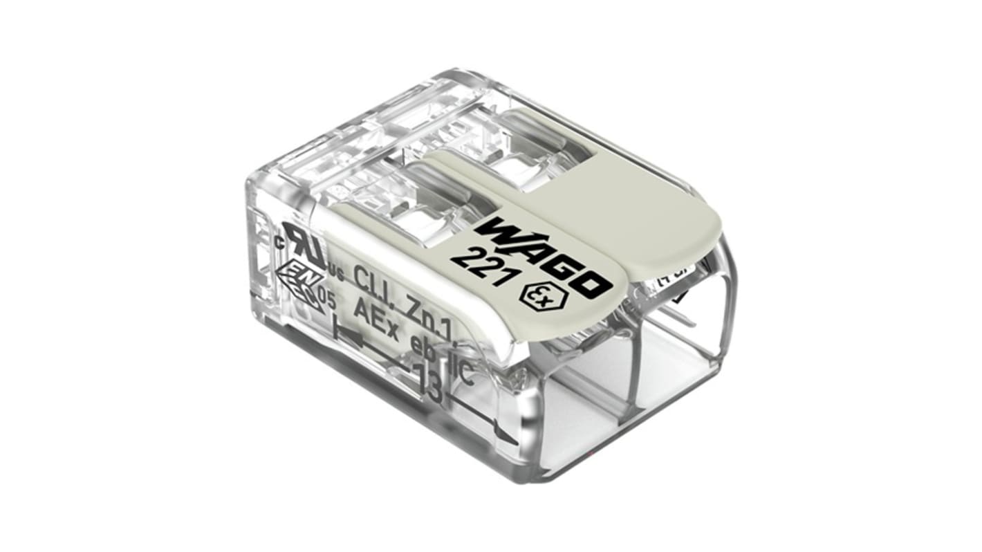 Wago 221 Series Connector, 2-Way, 37A, 20 → 10 AWG Wire, Cage Clamp Termination