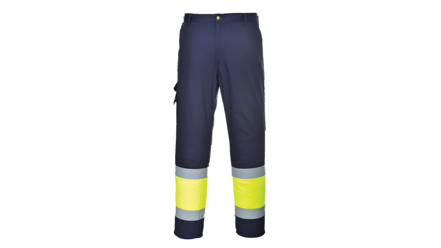 Portwest E049 Yellow/Navy Stain Resistant Hi Vis Trousers, 92 → 96cm Waist Size