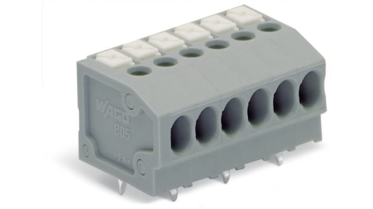 Wago 805 Series PCB Terminal Block, 2-Contact, 3.5mm Pitch, PCB Mount, 1-Row, Push-In Cage Clamp Termination
