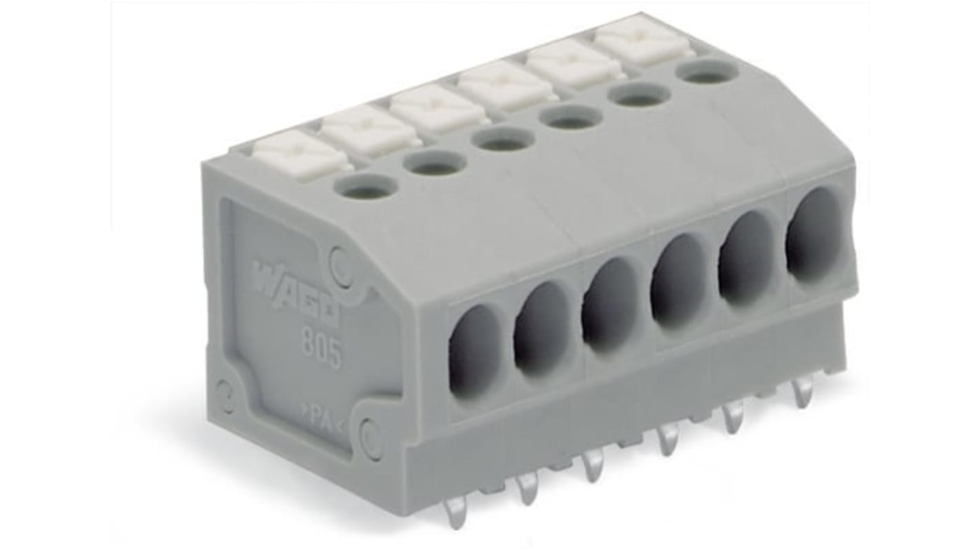 Wago 805 Series PCB Terminal Block, 5-Contact, 3.5mm Pitch, PCB Mount, 1-Row, Push-In Cage Clamp Termination