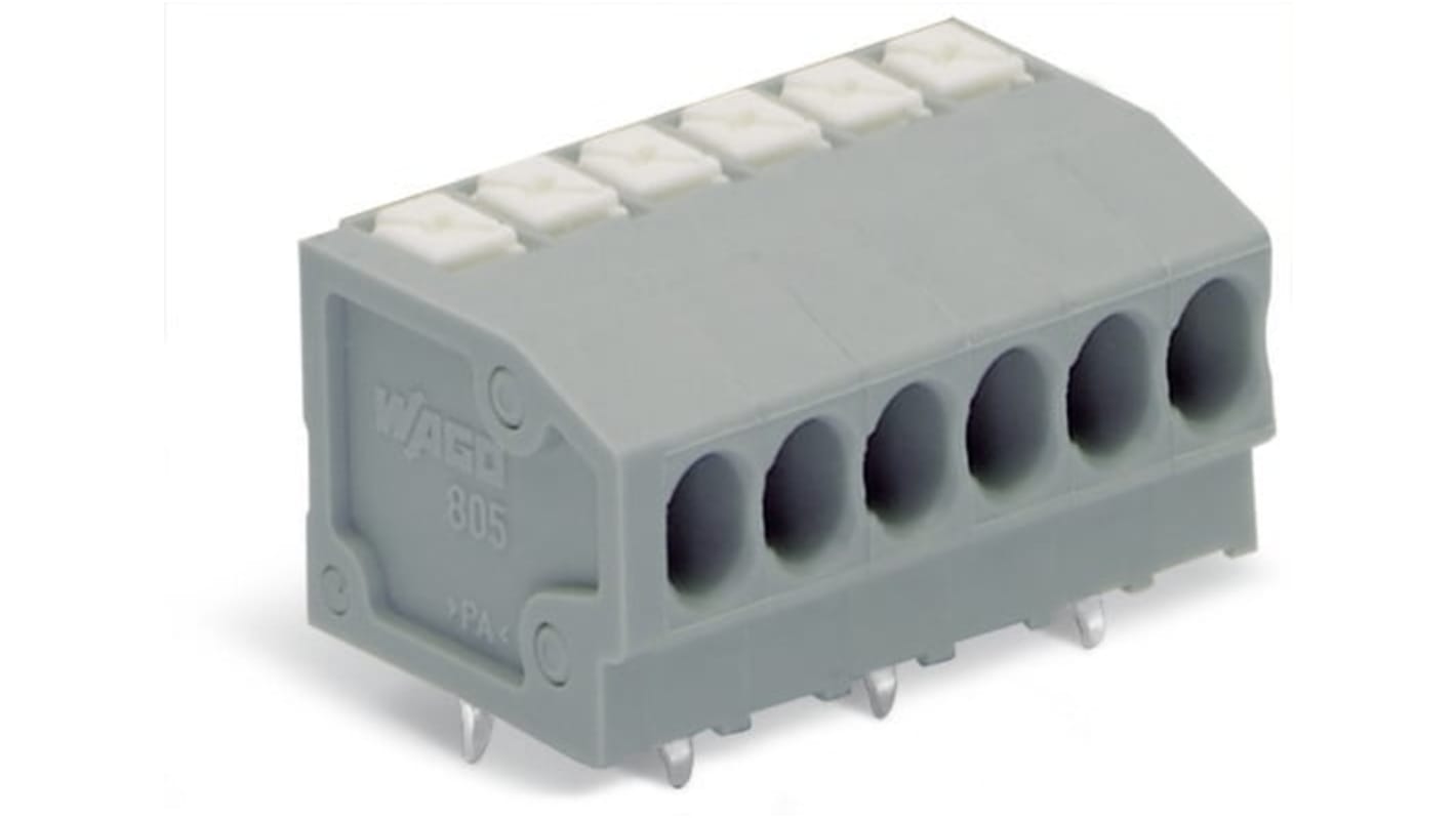 Wago 805 Series PCB Terminal Block, 6-Contact, 3.5mm Pitch, PCB Mount, 1-Row, Push-In Cage Clamp Termination