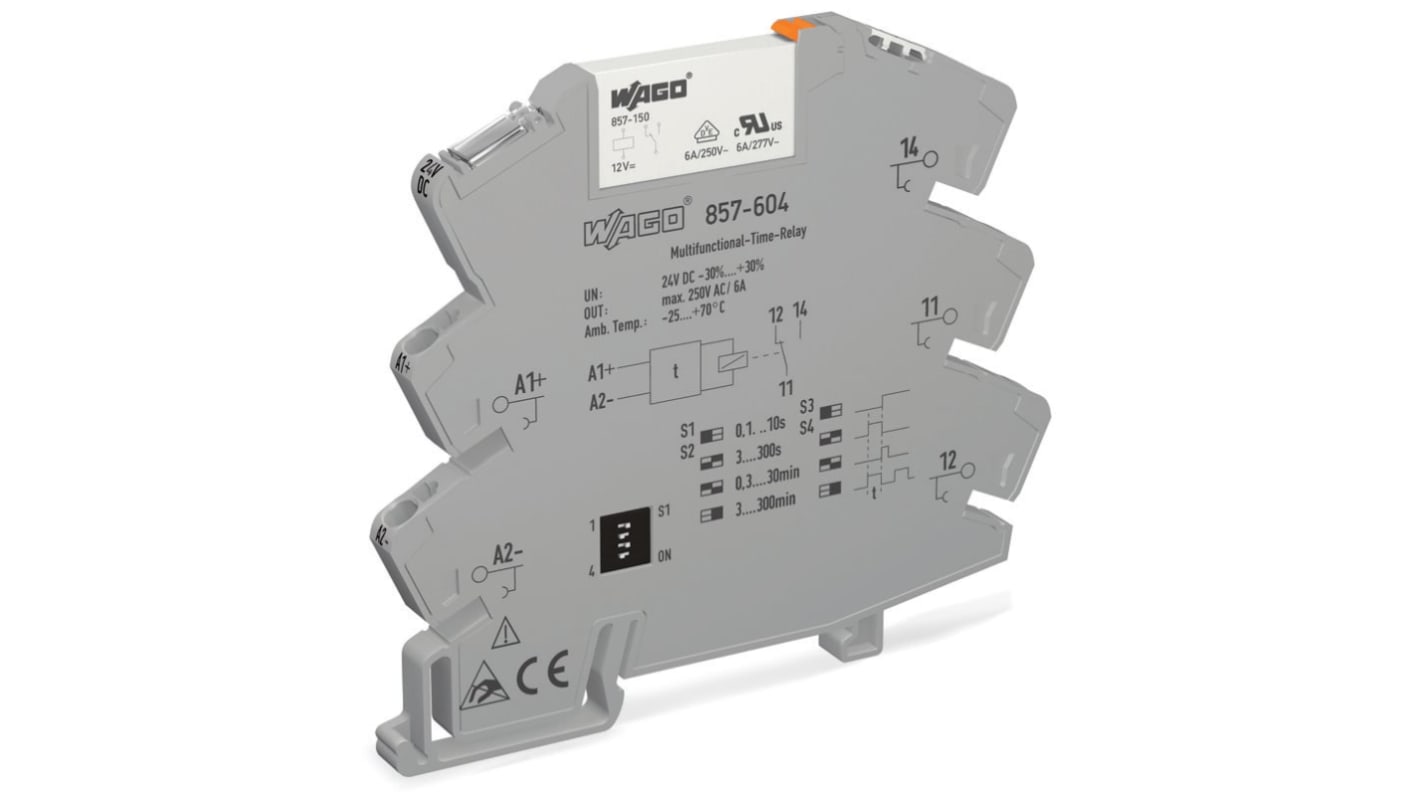 Wago 857 Series DIN Rail Mount Timer Relay, 250V, 1-Contact, 0.1 s → 300 min, SPDT