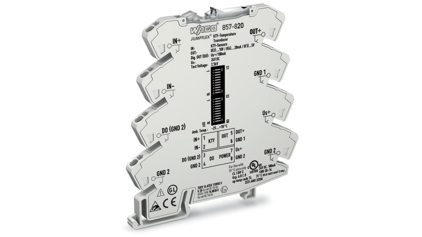 Wago 857 Series Signal Conditioner, Temperature Input, Current, Voltage Output, 24V dc Supply