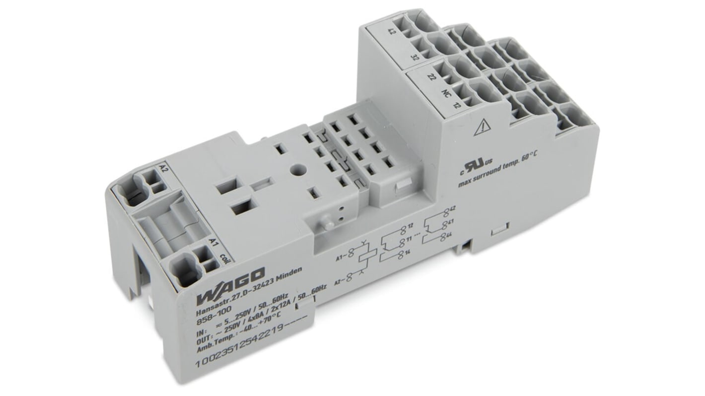 Wago 858 4 Pin 300V DIN Rail Relay Socket, for use with Basic Relays