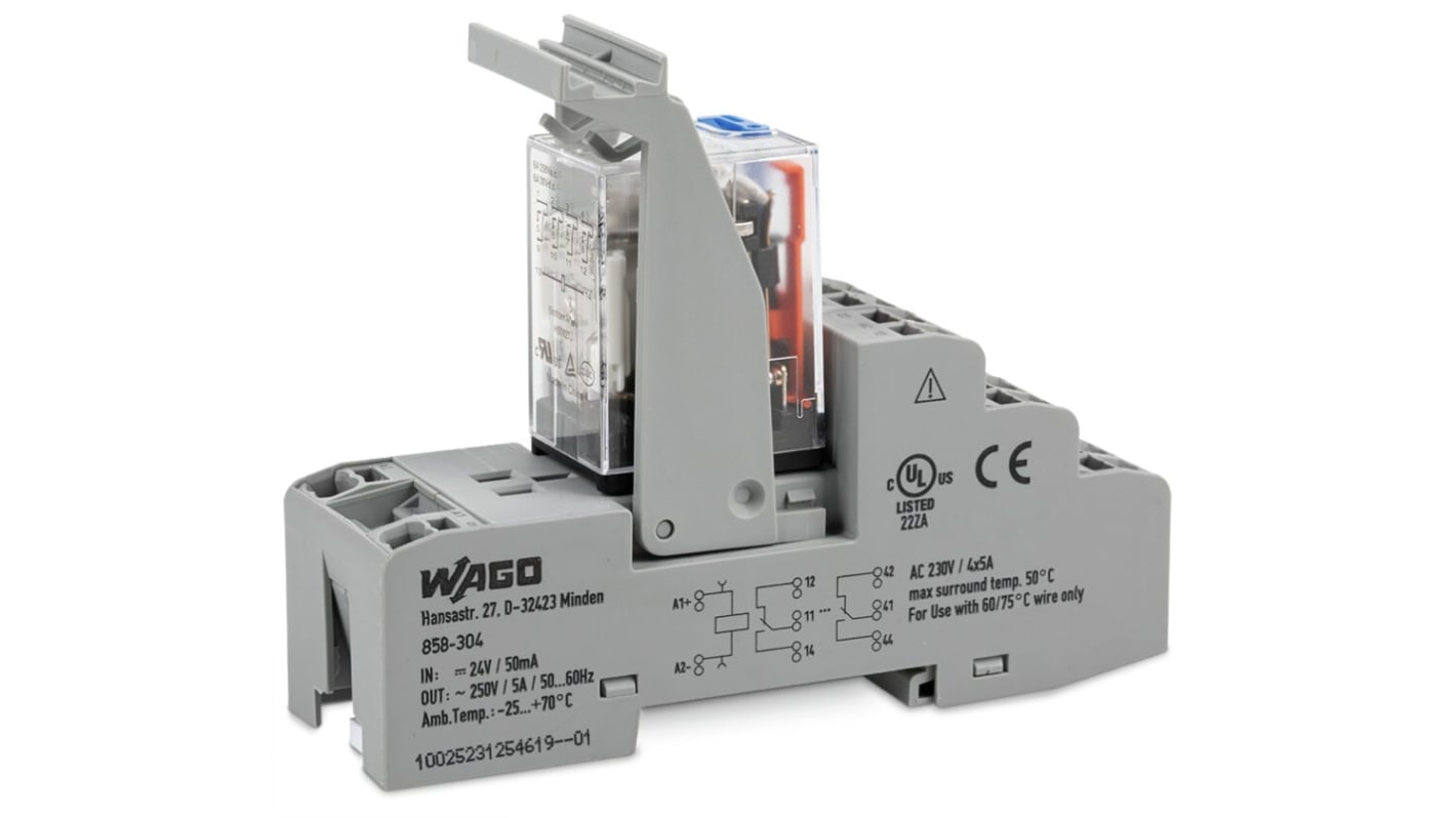 Wago 858 Series Relay Module, DIN Rail Mount, 12V dc Coil, 4PDT, 4-Pole, 5A Load