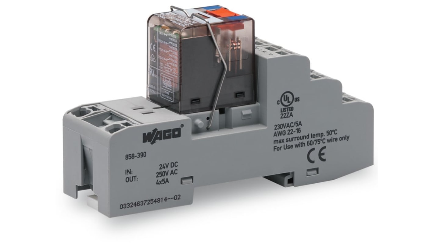 Wago 858 Series Relay Module, DIN Rail Mount, 24V dc Coil, 4PDT, 4-Pole, 6A Load