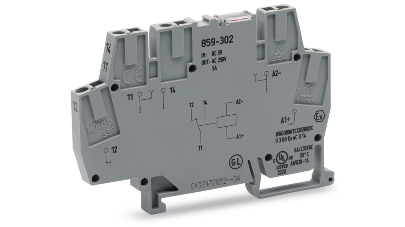 Wago 859 Series Relay Module, DIN Rail Mount, 12V dc Coil, SPDT, 1-Pole, 5A Load