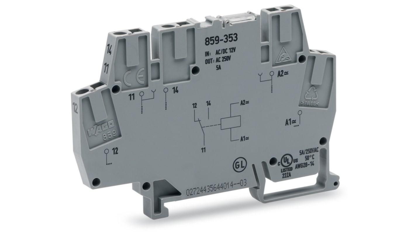 Wago 859 Series Relay Module, DIN Rail Mount, 24V ac/dc Coil, SPDT, 1-Pole, 5A Load