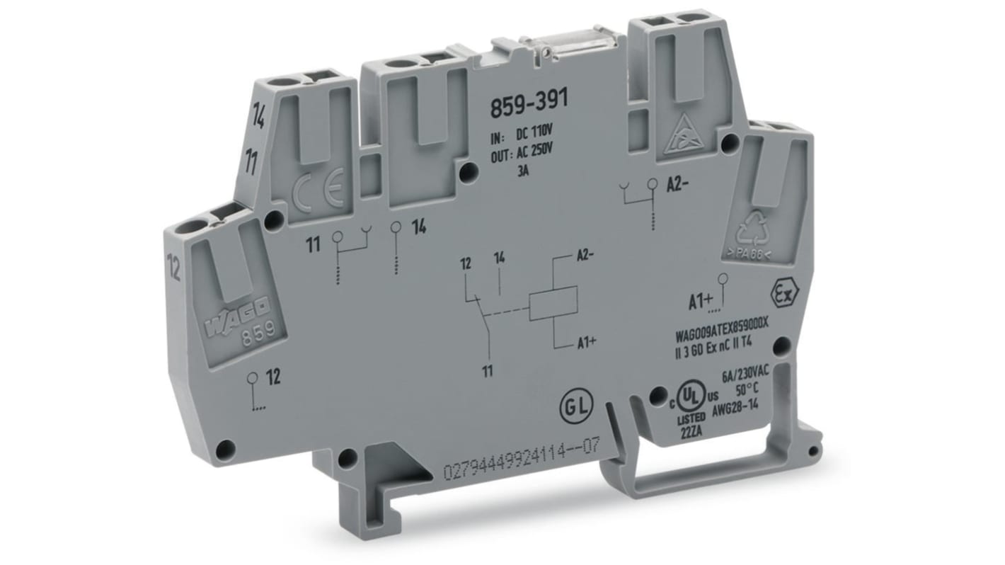 Wago 859 Series Relay Module, DIN Rail Mount, 110V dc Coil, SPDT, 1-Pole, 5A Load