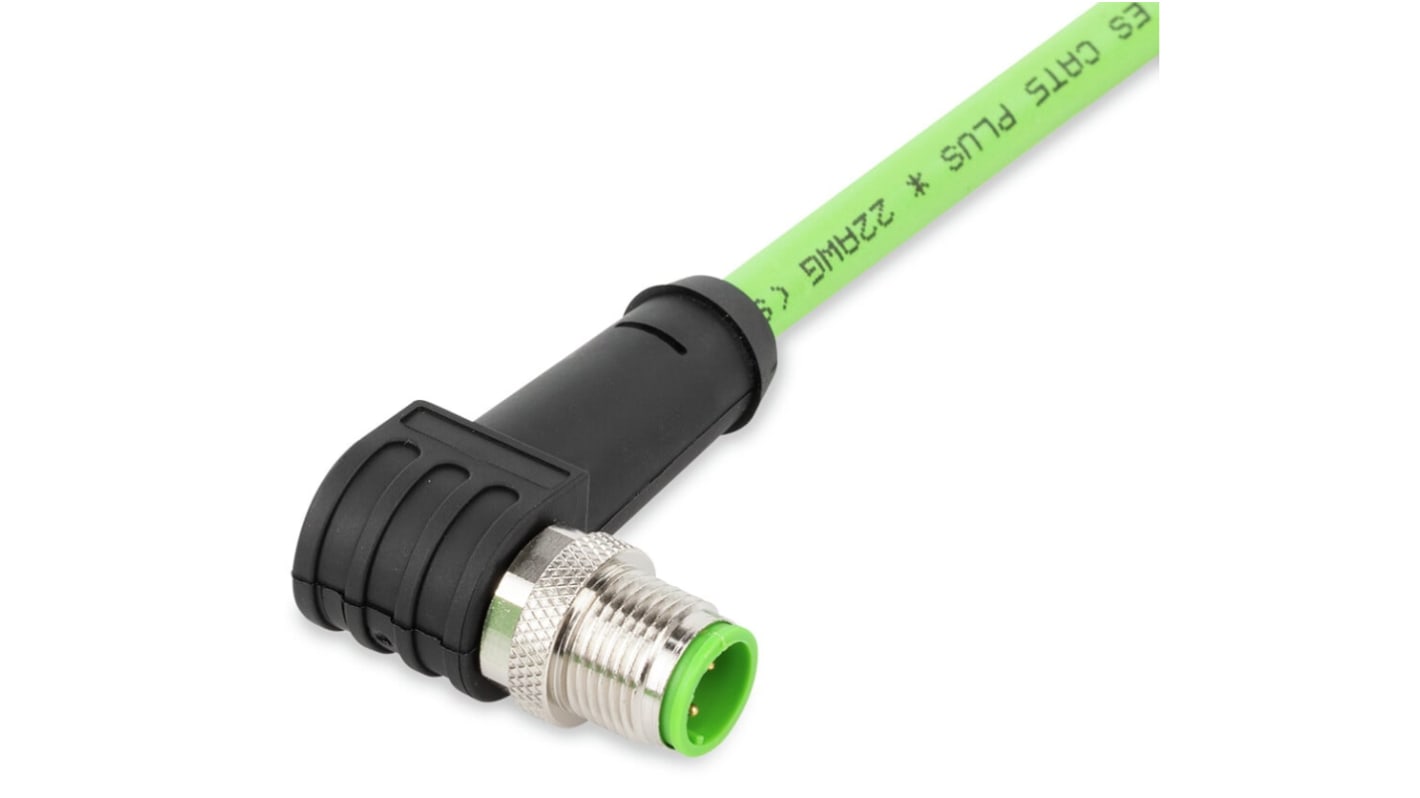 Wago Cat5e Right Angle Male M12 to Ethernet Cable, Aluminium Foil, Tinned Copper Braid, Green Polyurethane Sheath, 2m,