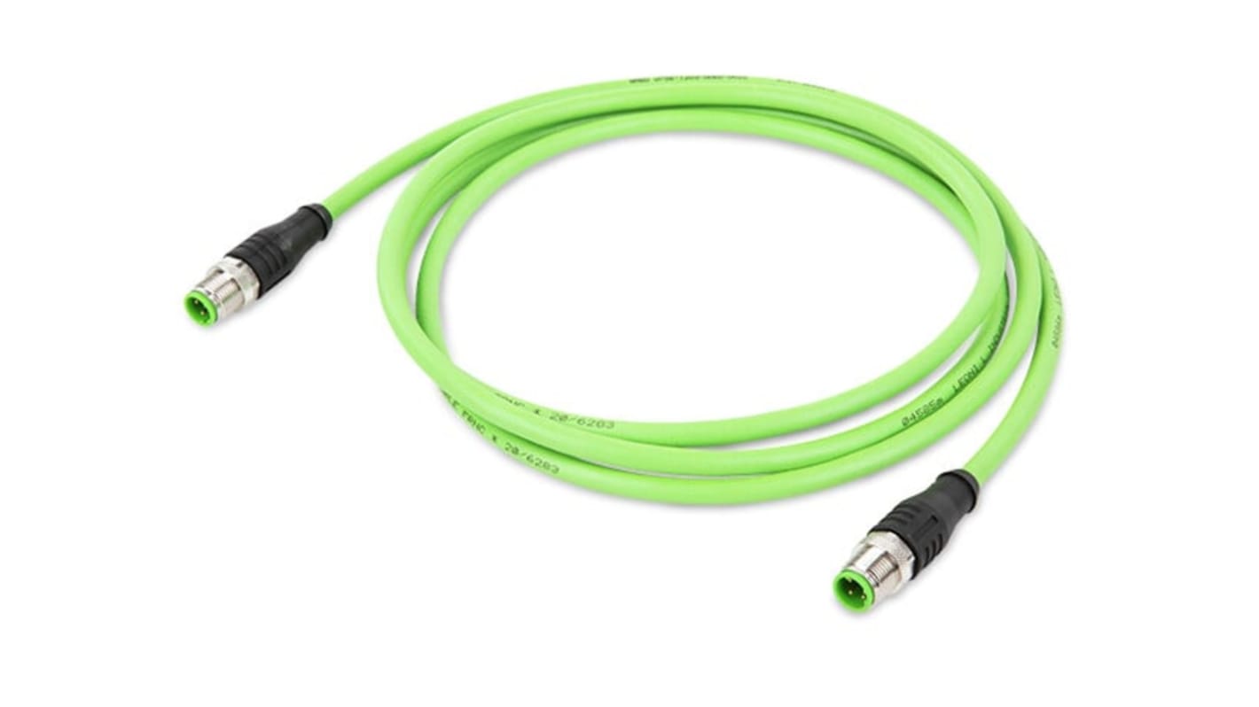 Wago Cat5e Straight Male M12 to Straight Male M12 Ethernet Cable, Aluminium Foil, Tinned Copper Braid, Green