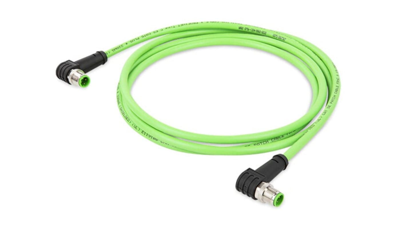 Wago Cat5e Right Angle Male M12 to Right Angle Male M12 Ethernet Cable, Aluminium Foil, Tinned Copper Braid, Green