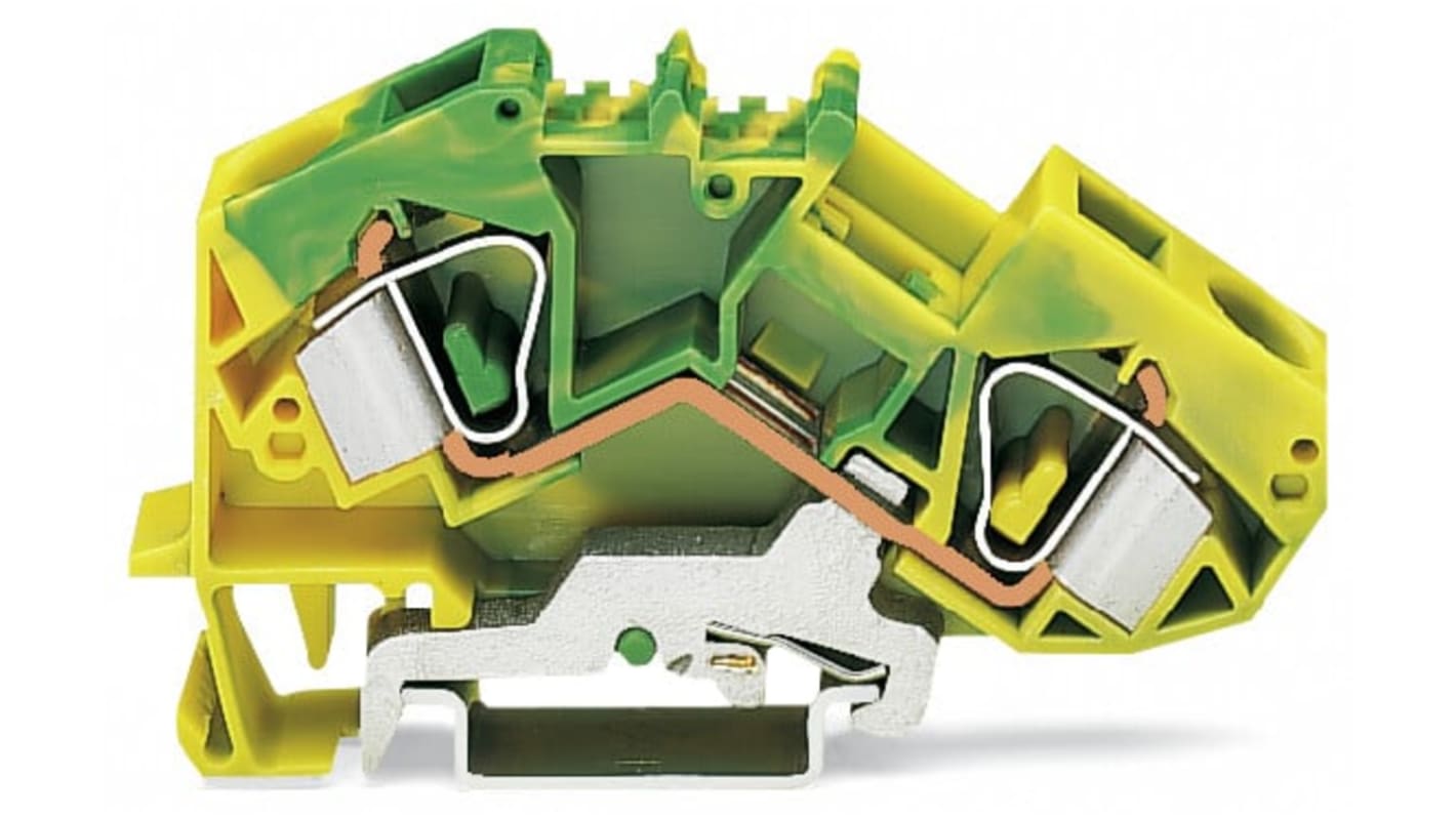 Bloque terminal de tierra, 2 vías, Abrazadera de Caja, 6 AWG, Carril DIN, Verde, Amarillo