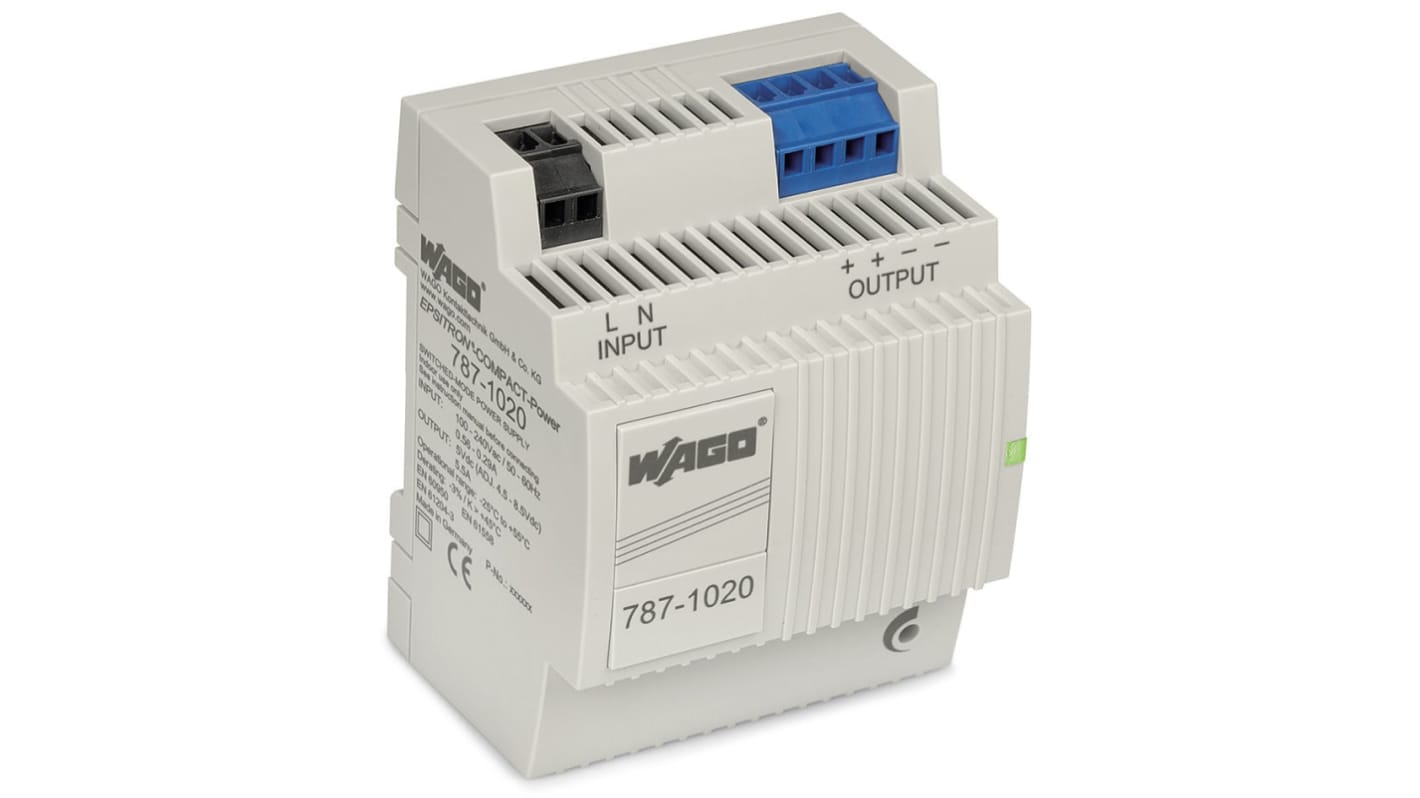 Wago Switching Power Supply, 787-1020, 5V dc, 5.5A, 27.5W, 100 → 240V ac Input Voltage