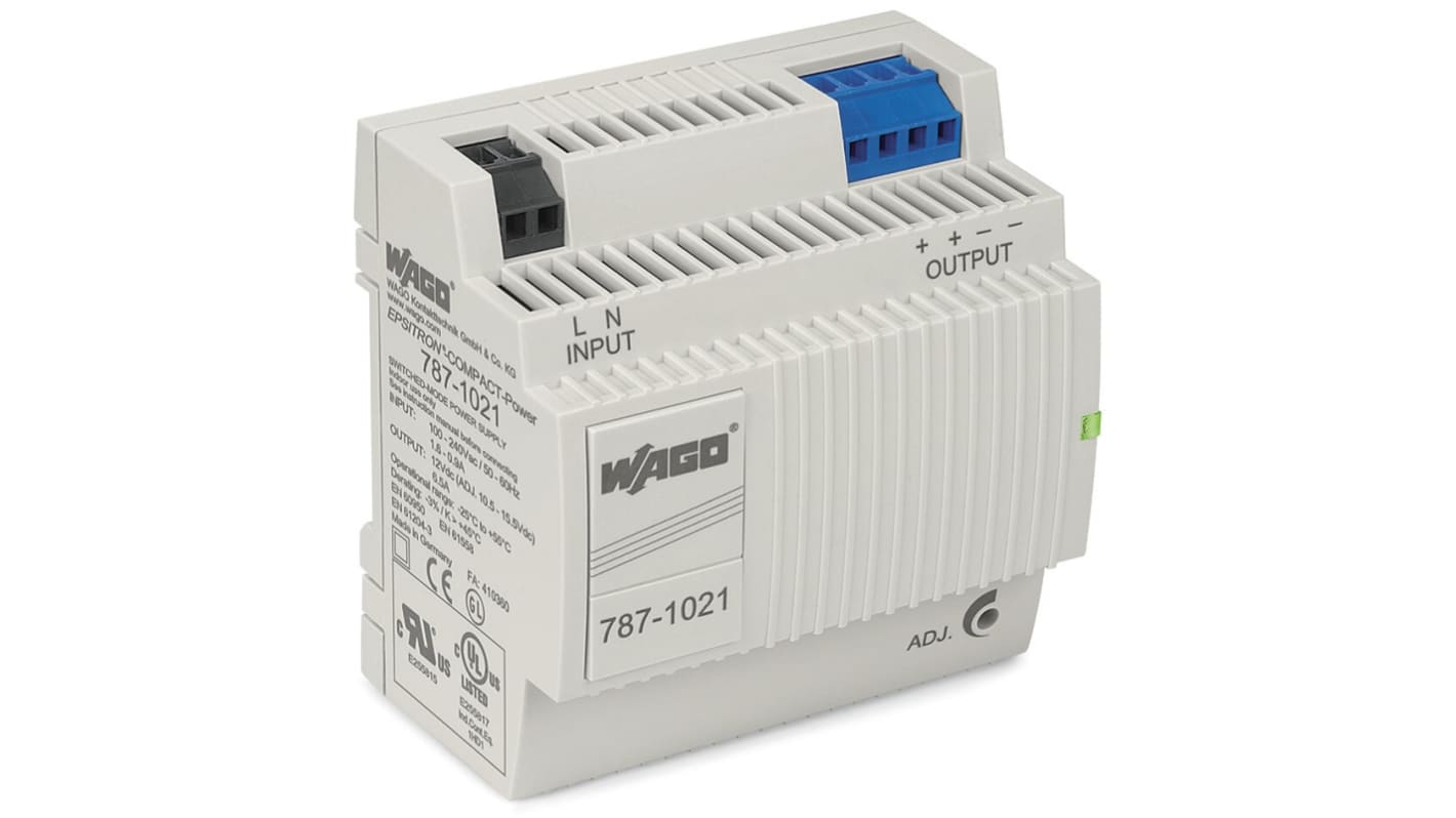 Wago Switching Power Supply, 787-1021, 12V dc, 6.5A, 78W, 100 → 240V ac Input Voltage