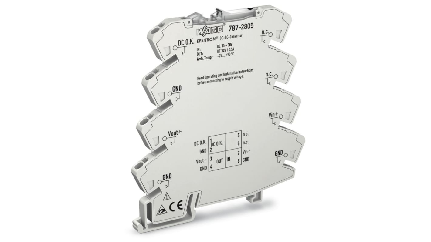 Wago 787 DC-DC Converter, 12V dc/ 500mA Output, 15 → 30 V dc Input, 6W, DIN Rail Mount, +70°C Max Temp -25°C Min