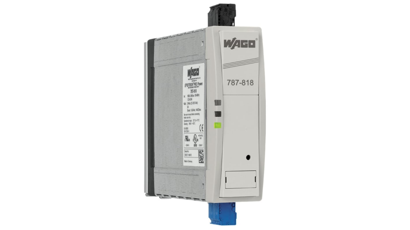 Wago 787 Switched Mode Switching Power Supply, 230V ac ac Input, 24V dc dc Output, 3A Output, 72W