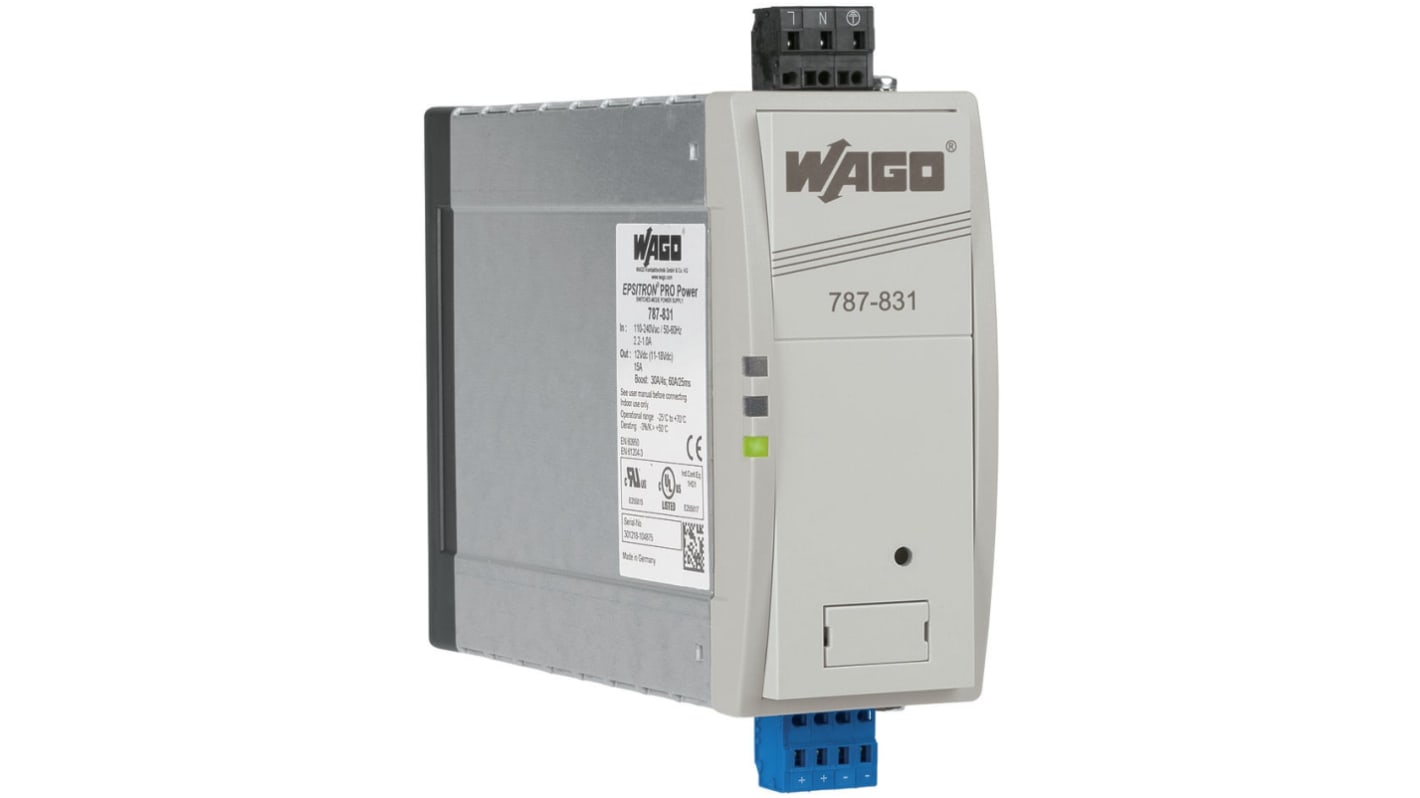 Wago 787 Switched Mode Switching Power Supply, 230V ac ac Input, 12V dc dc Output, 15A Output, 180W