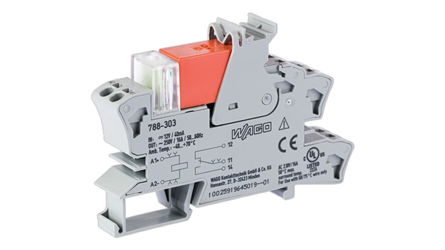 Wago 788 Series Relay Module, DIN Rail Mount, 12V dc Coil, SPDT, 1-Pole, 16A Load