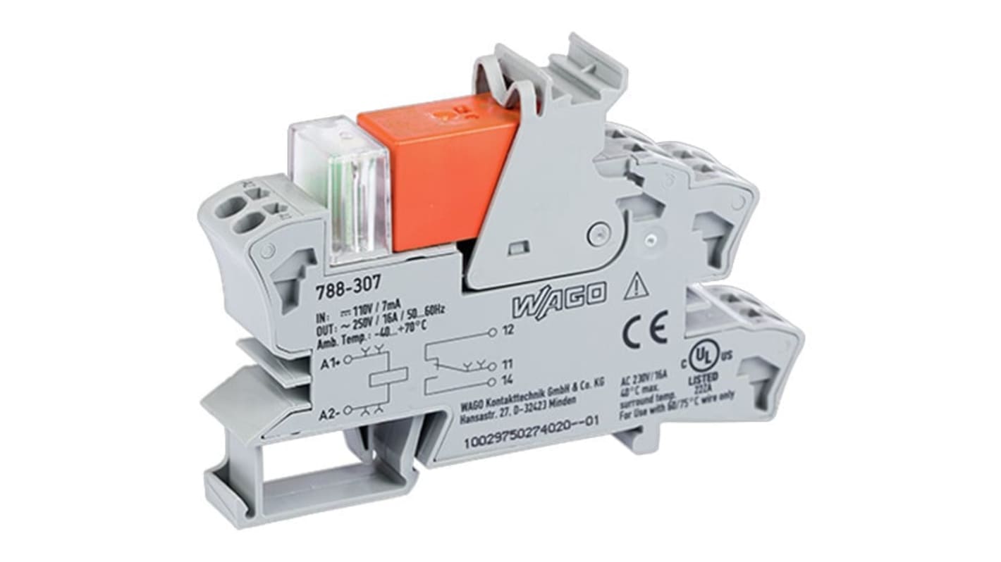 Wago 788 Series Relay Module, DIN Rail Mount, 110V dc Coil, SPDT, 1-Pole, 16A Load