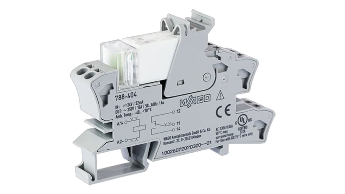 Wago 788 Series Relay Module, DIN Rail Mount, 24V dc Coil, SPDT, 1-Pole, 16A Load