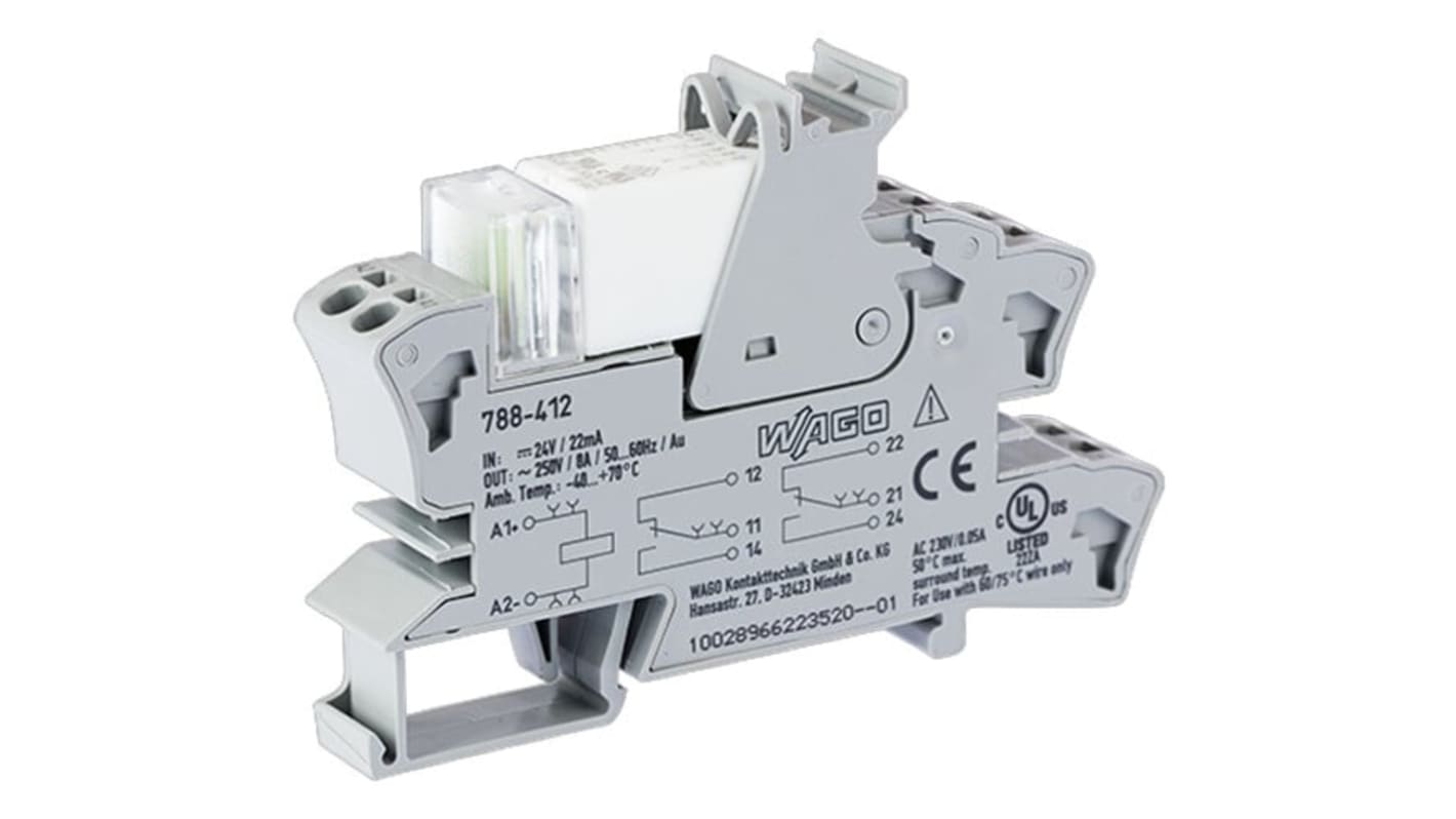 Wago 788 Series Relay Module, DIN Rail Mount, 24V dc Coil, DPDT, 2-Pole, 8A Load