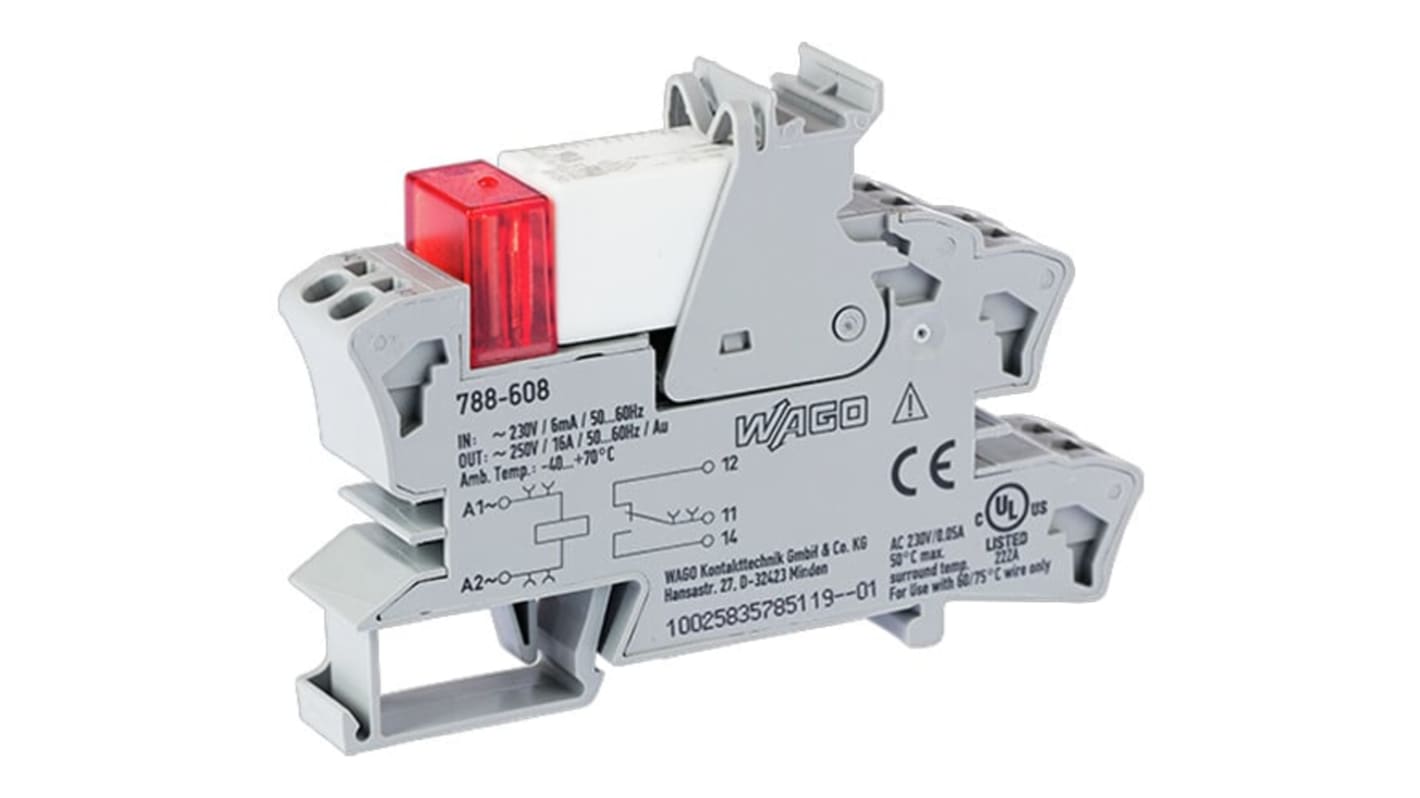 Modulo a relè Wago serie 788, bobina 230V ca, Guida DIN, contatti SPDT