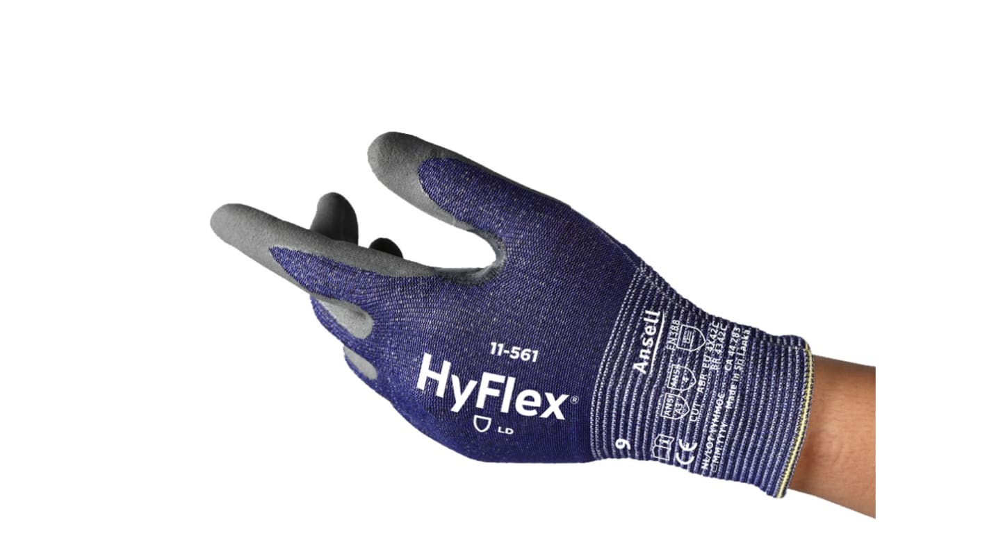 Guantes de Nylon Gris Ansell serie HyFlex 11-561, talla 9, con recubrimiento de Nitrilo, Resistentes a la abrasión,