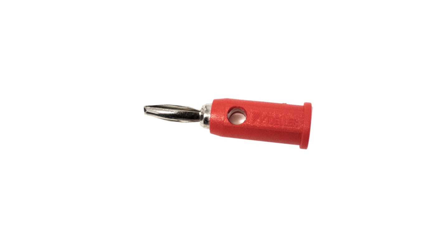 Mueller Electric Red Plug Banana Connectors, 4 mm Connector, Plug In Termination, 5A, Gold Over Nickel Plating