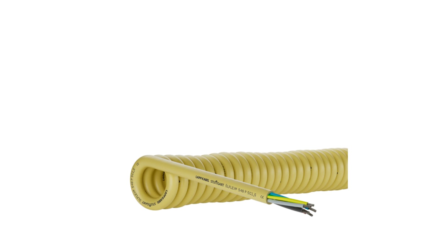 Cable de alimentación Cable en espiral Lapp de 5 núcleos, 0,75 mm², long. 1.5m, 300/500 V, funda de PUR, Amarillo