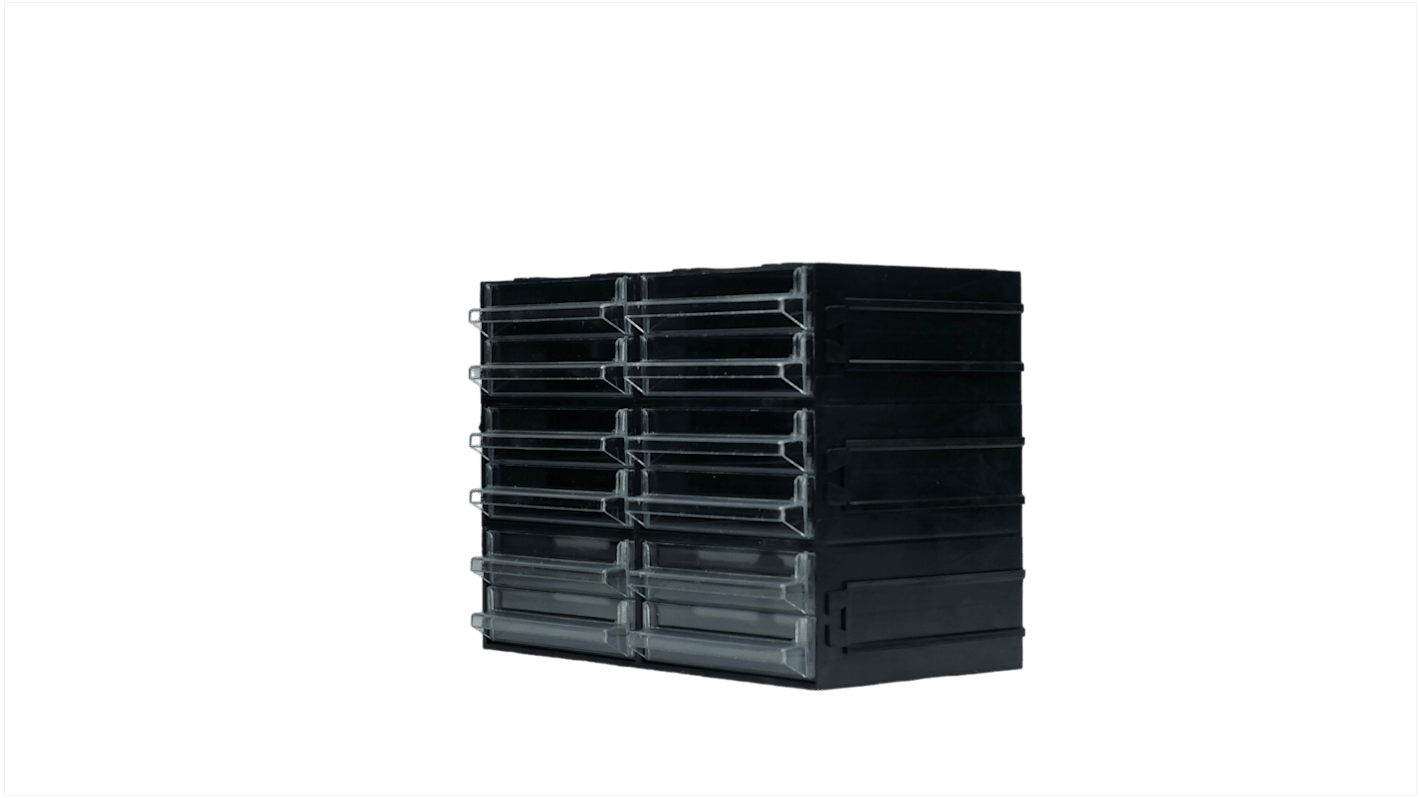 RS PRO 12 Drawer Storage Unit, Polystyrene, 169mm x 225mm x 133mm, Black, Transparent