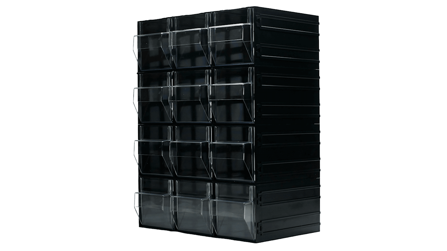 Módulo de cajones RS PRO Negro, Transparente de Poliestireno, con 12 cajones transparentes, 450mm x 338mm x 225mm