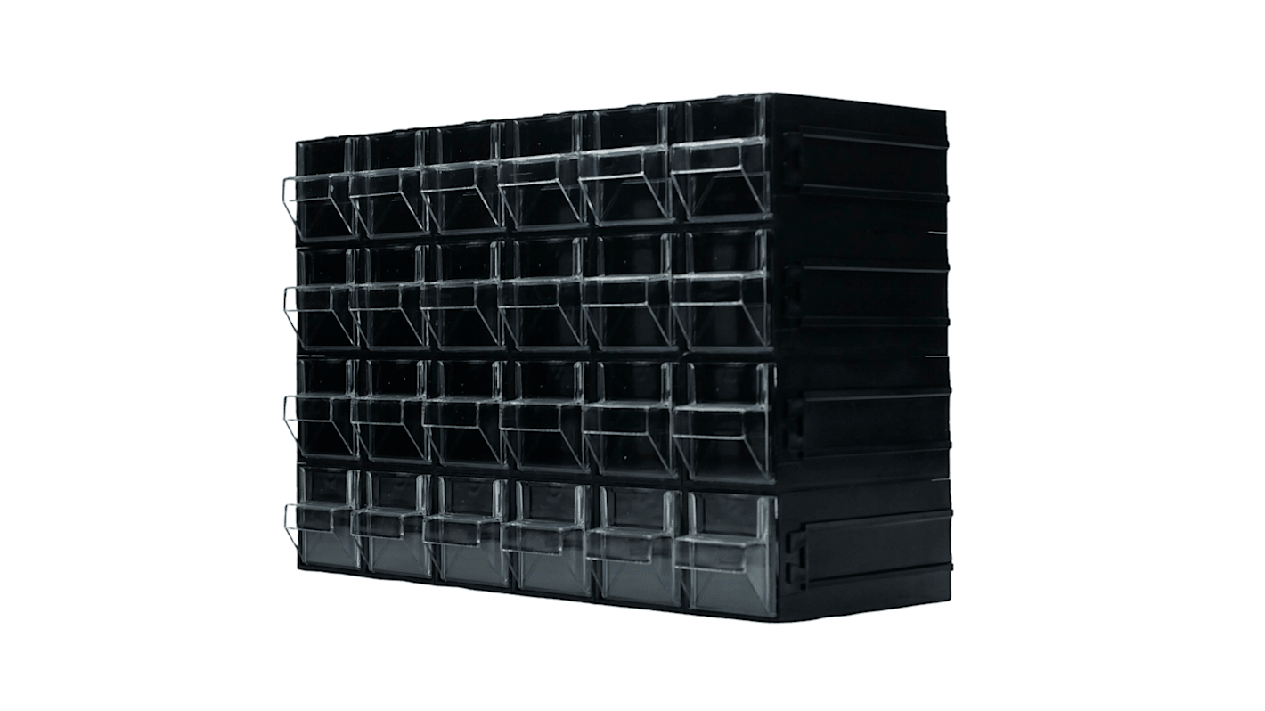 RS PRO 24 Drawer Storage Unit, Polystyrene, 225mm x 338mm x 133mm, Black, Transparent